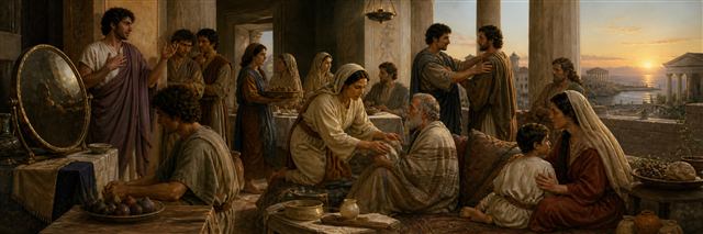 Believers caring for an elder, reconciling friends, sharing food, and protecting a child beside a bronze mirror